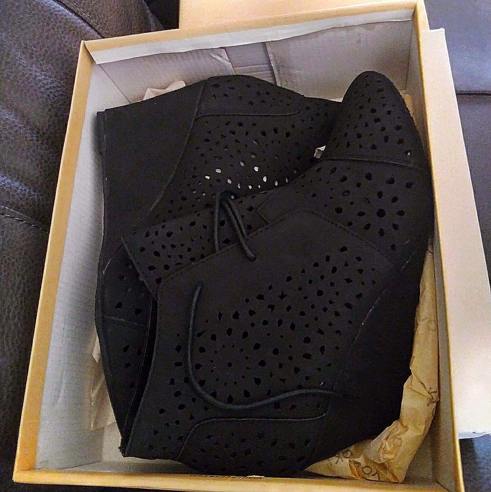 Black womens lace up wedges